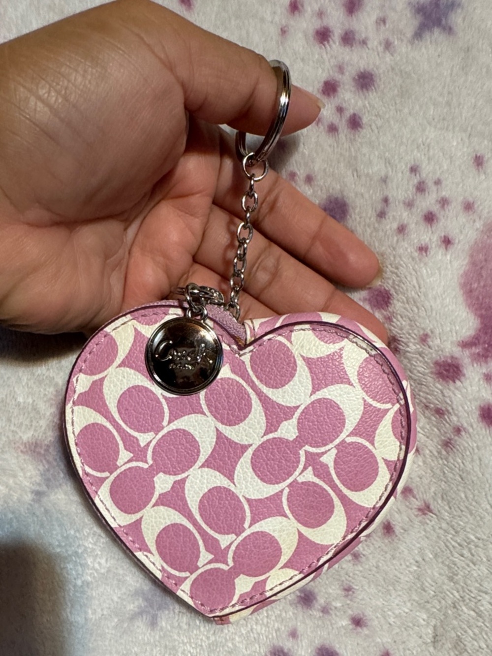 Coach Pink and White Coated Canvas Signature Coin Heart Keychain